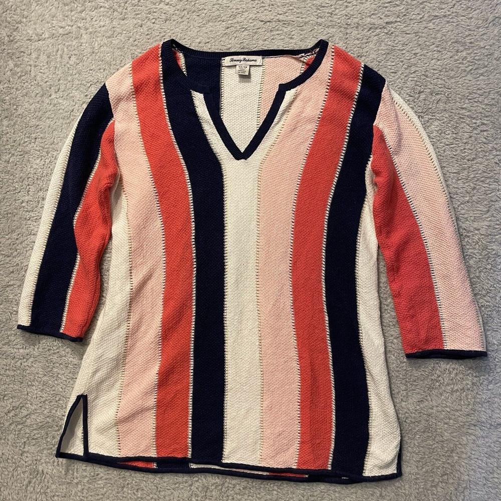 Tommy Bahama Knit Linen‎ Blend Top Women XS Pink Blue Cover Resort Swim Crochet